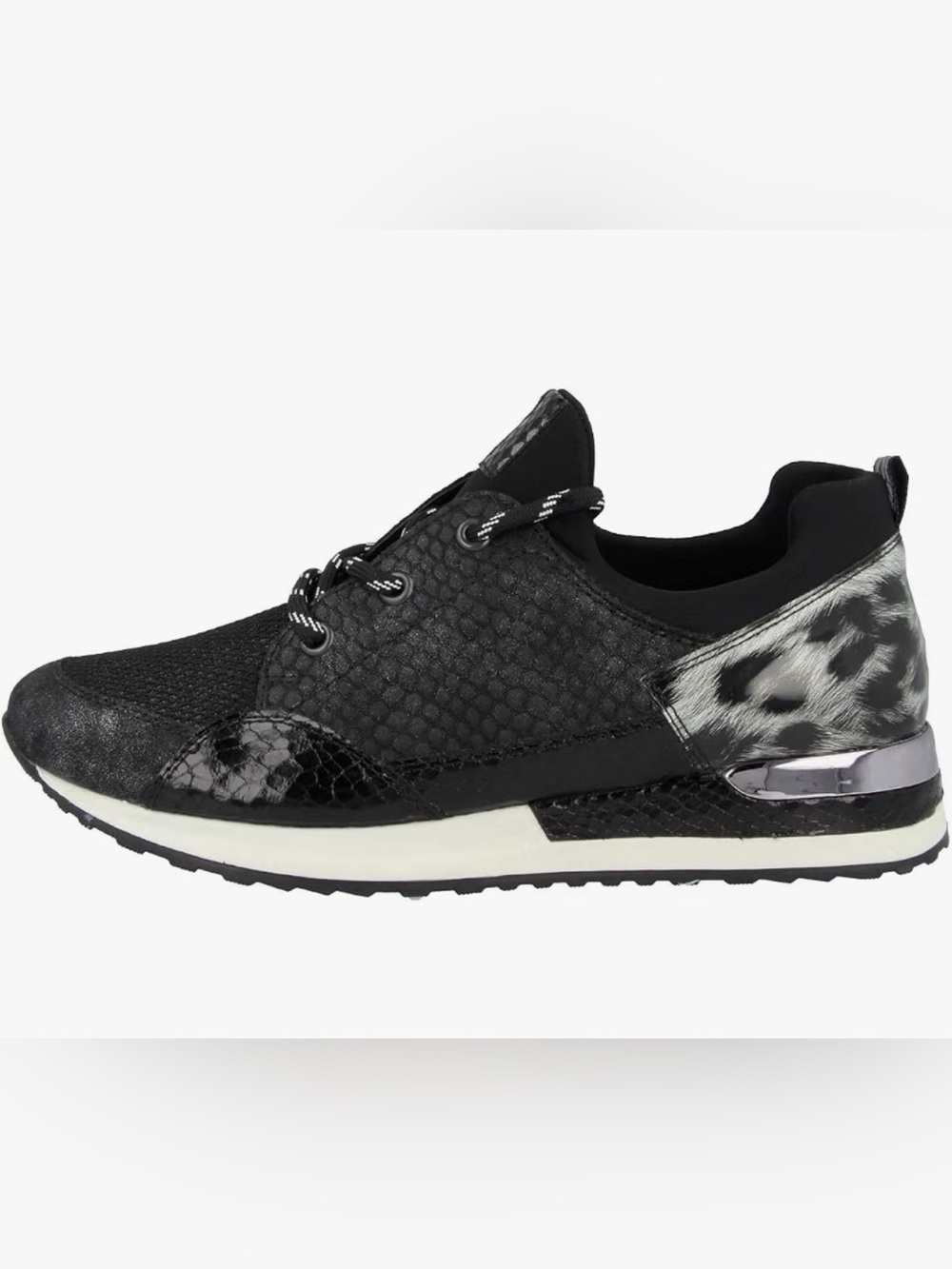 Mixed panel glitter metallic leopard snakeskin comfort sneakers
